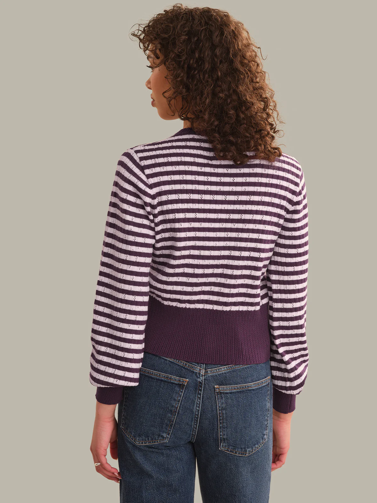 Beckett Striped Pointelle Blouson Sleeve High Rib Cardigan - Image 3