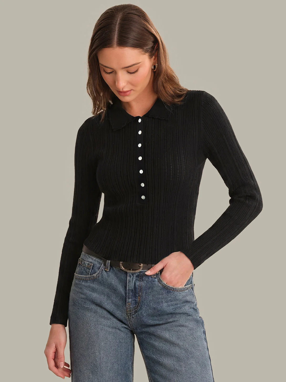 Tabitha Crochet Collar Long Sleeve Henley